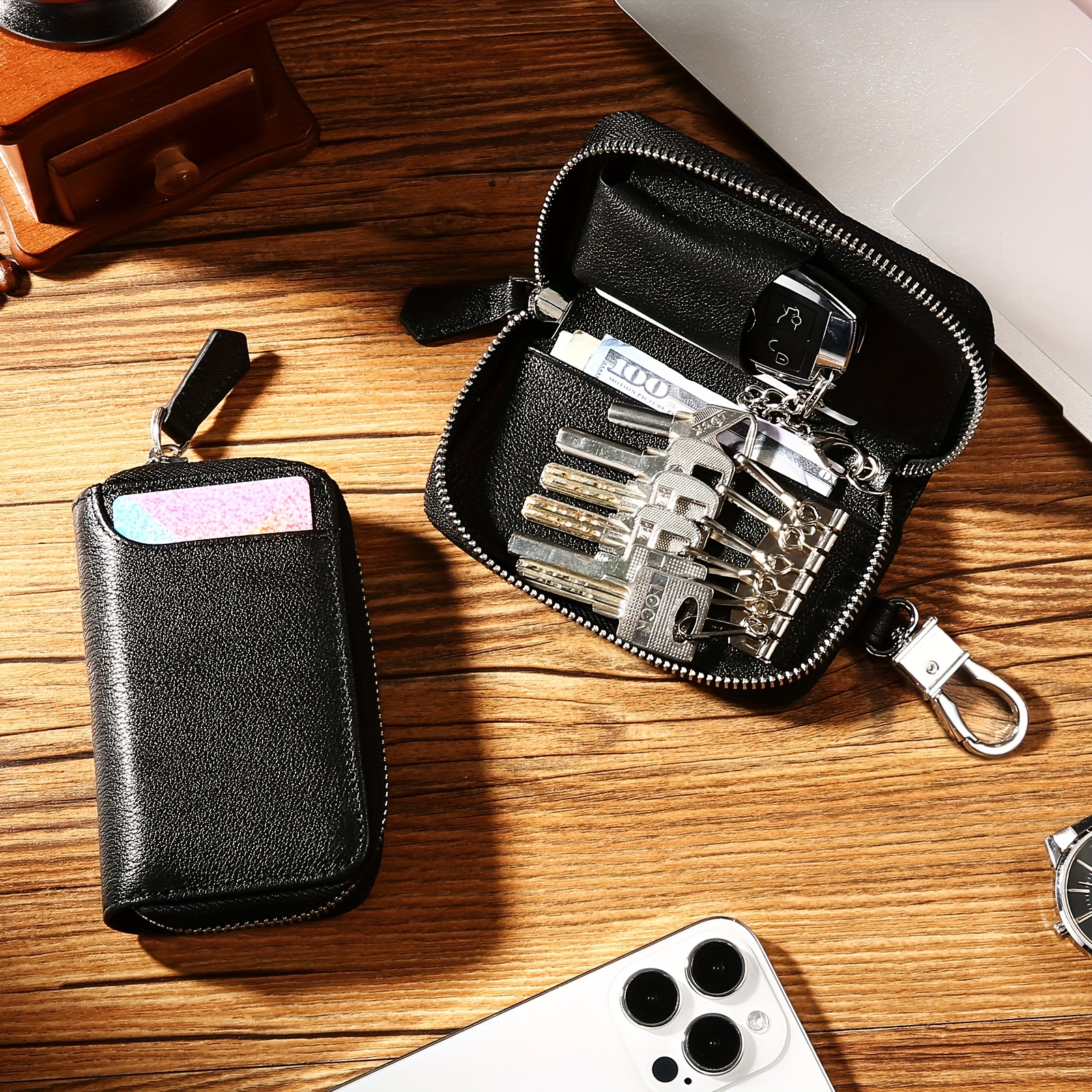 Handmade Genuine Leather Key Wallet Men Holder Keychain Pouch Purse Zipper  Designer Housekeeper Car Small Key Case Keys Pouch