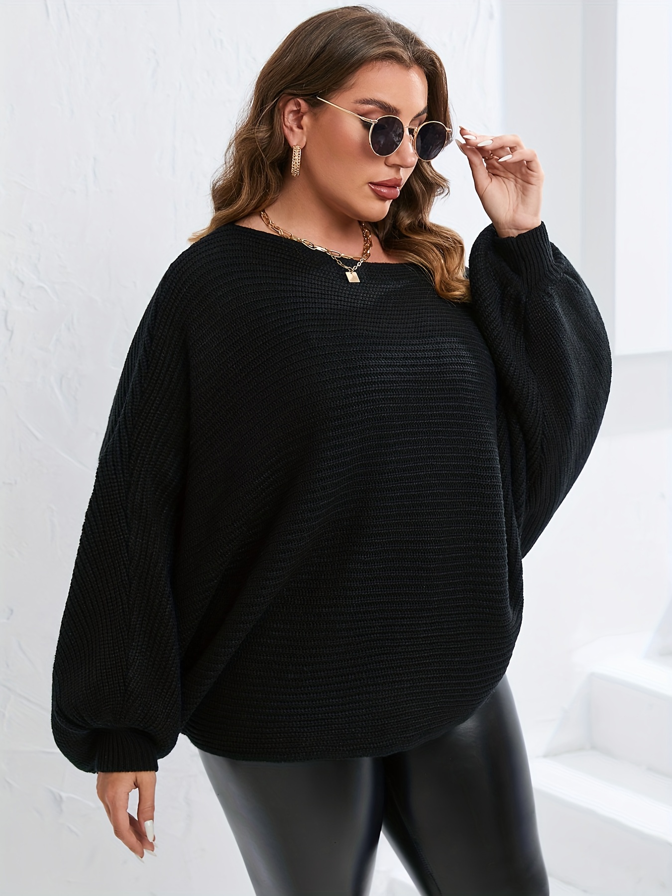 Plus Size Off Shoulder Batwing Solid Sweater Women's Plus - Temu