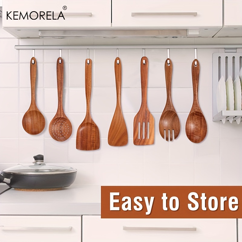  Renexas 9 cucharas de madera para utensilios de cocina, cucharas  de cocina de madera de teca natural con espátula antiadherente, utensilios  de cocina de bambú con soporte, juego de cucharas de