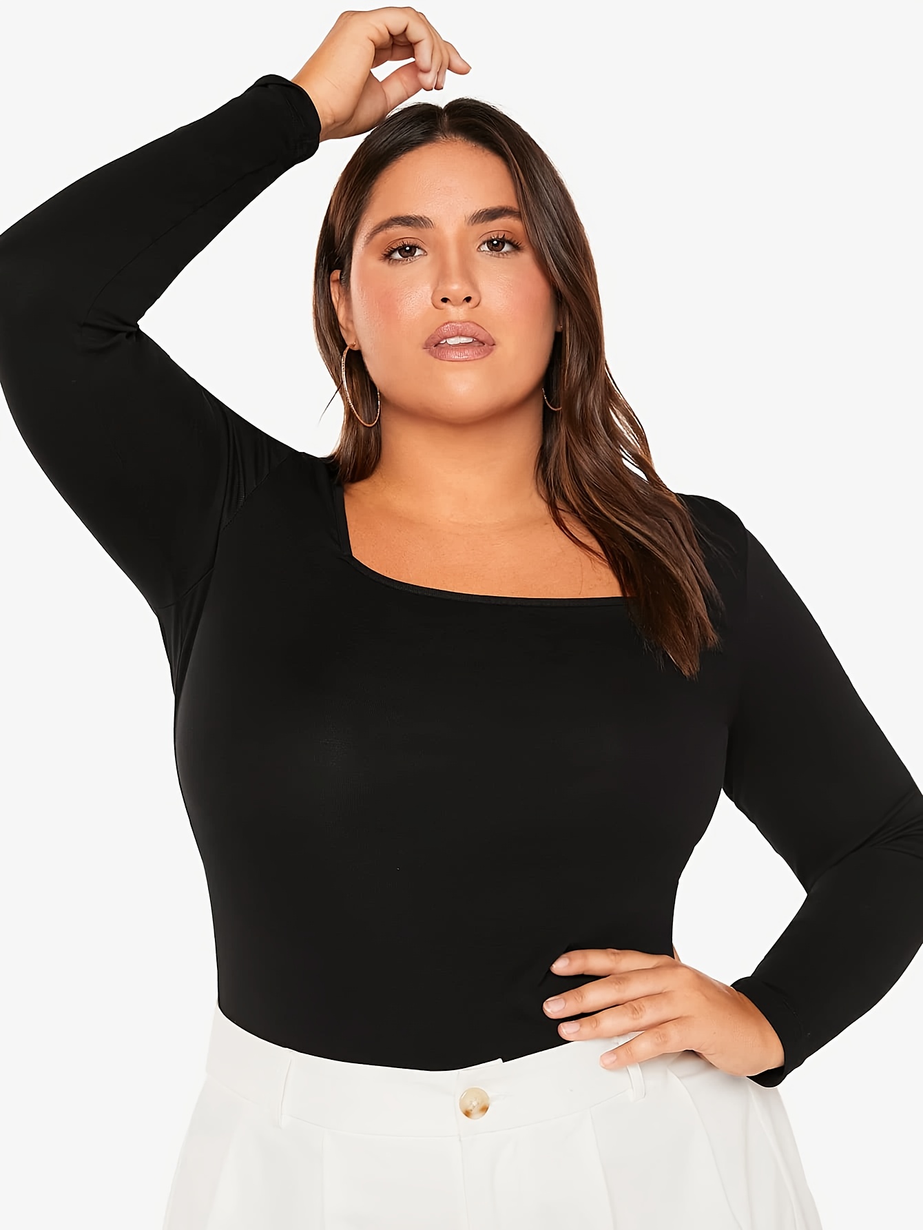 3 Pack Plus Size Basic Top Set, Women's Plus Solid Long Sleeve Square Neck  Medium Stretch Slim Fit Top Three Piece Set, Check Out Today's Deals Now