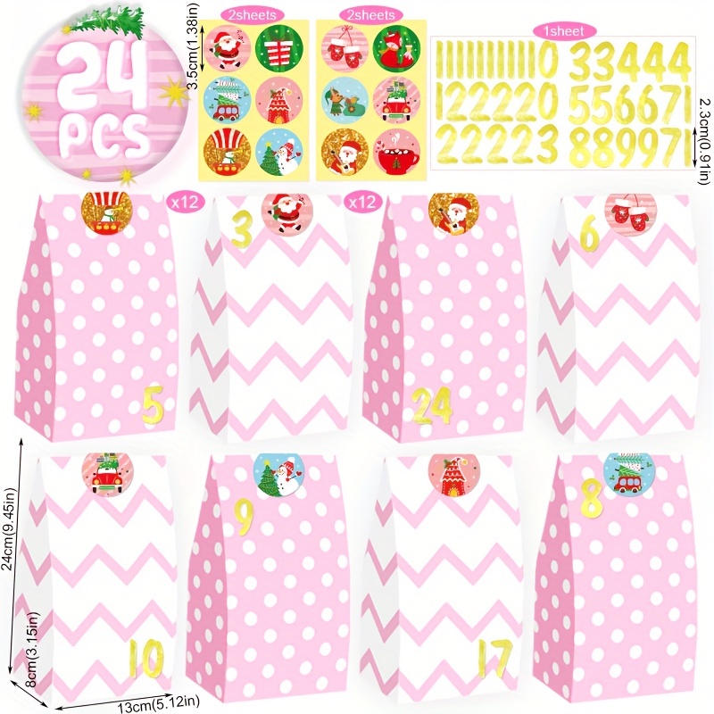 Image of 24sets Chritsmas Pink Gift Bags With Number Stickers Advent Calendar Treat Bags Cookie Gift Pouch Goodie Bags Xmas Party Favor Present Wrapping Supplies