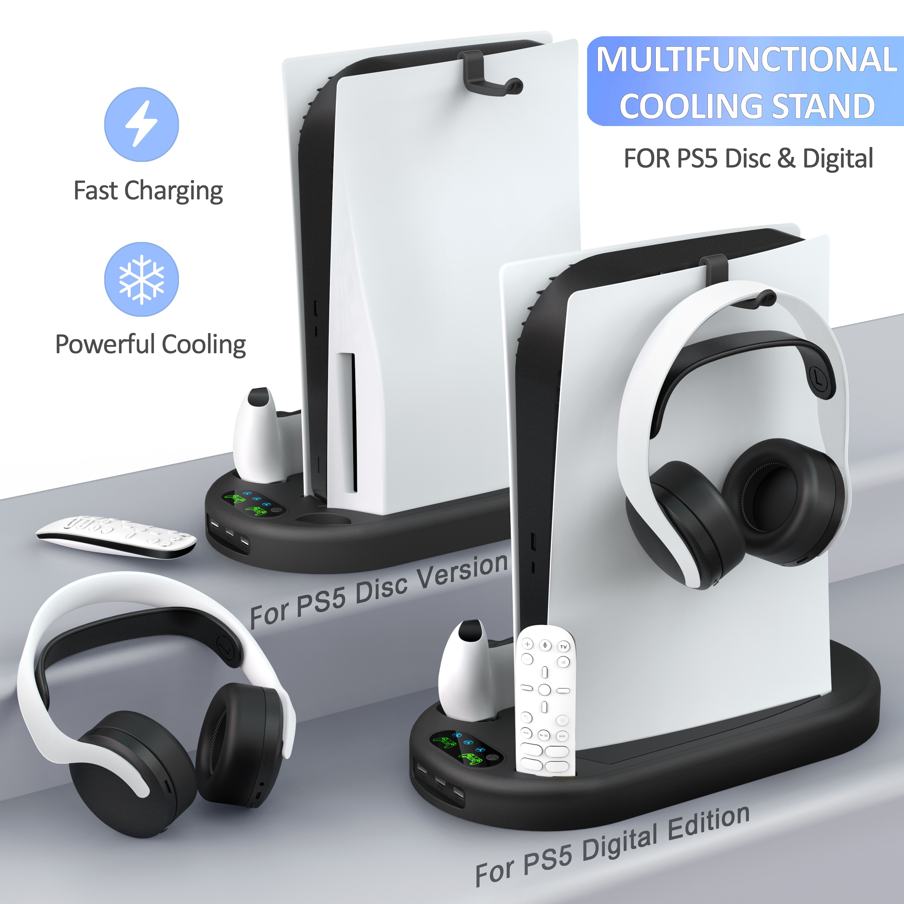 PS5 Stand and Cooling Station with Dual Controller Charging Station for  Playstation 5 Console, PS5 Accessories Incl. Controller Charger, Cooling  Fan