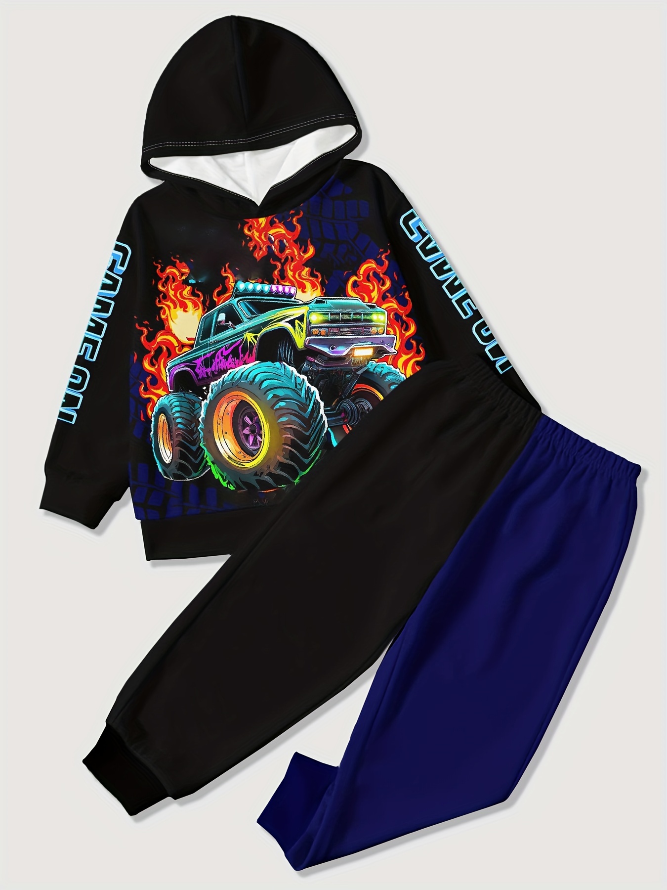 Boy's Blue Flame Pattern Outfit Hoodie Jogger Pants Set - Temu