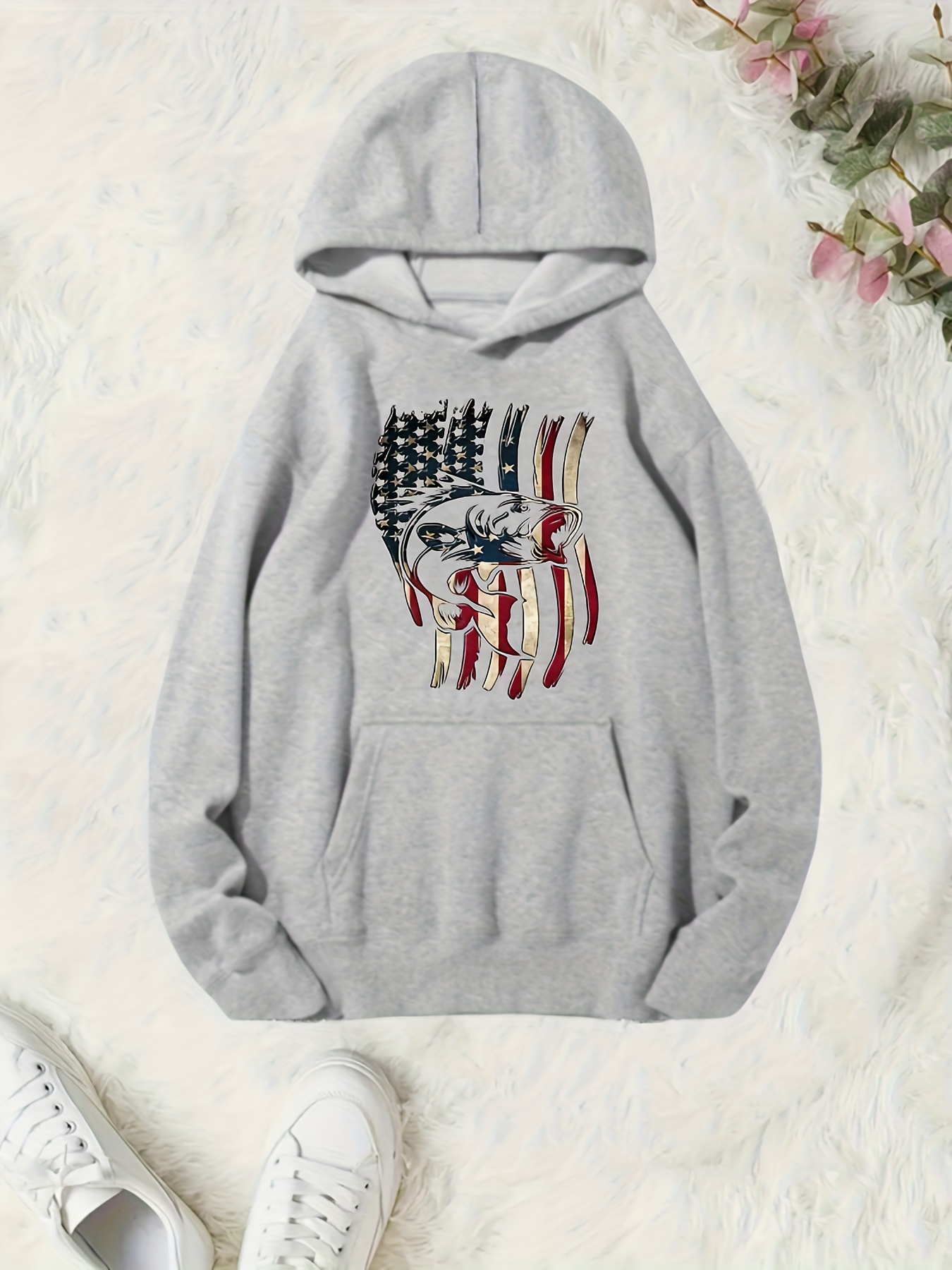 Flag And Fish Print Boys Casual Pullover Long Sleeve Hoodies, Boys Sweatshirt For Spring Fall, Kids Hoodie Tops Outdoor