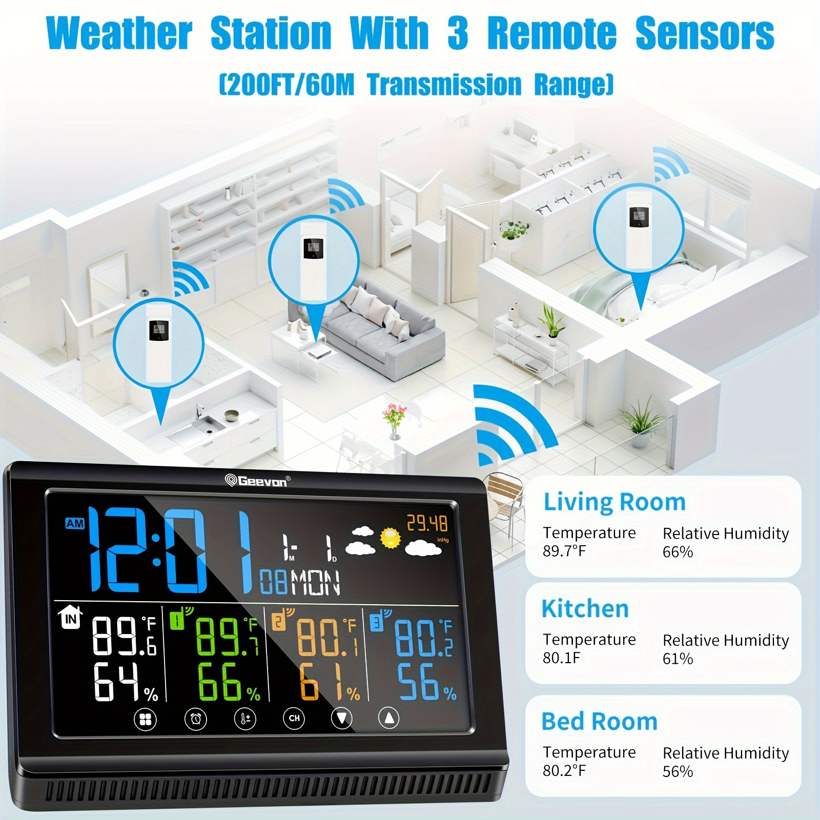 Geevon Weather Station Wireless Indoor Outdoor Thermometer, Color Display  Weather Thermometer, Digital Temperature Gauge with Barometer, Calendar,  USB
