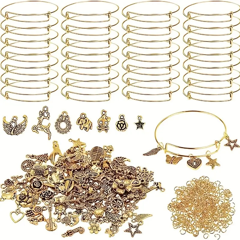 180pcs Expandable Blank Bracelet Making Kit Charm Bracelet DIY Set, 20pcs  Adjustable Metal Bracelets, 60 Retro Golden Pendant (Random), 100 Open Jump
