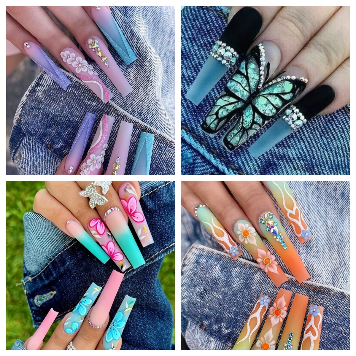 Artificail Extra Long Press On Rhinestone Nails, Butterfly Fake