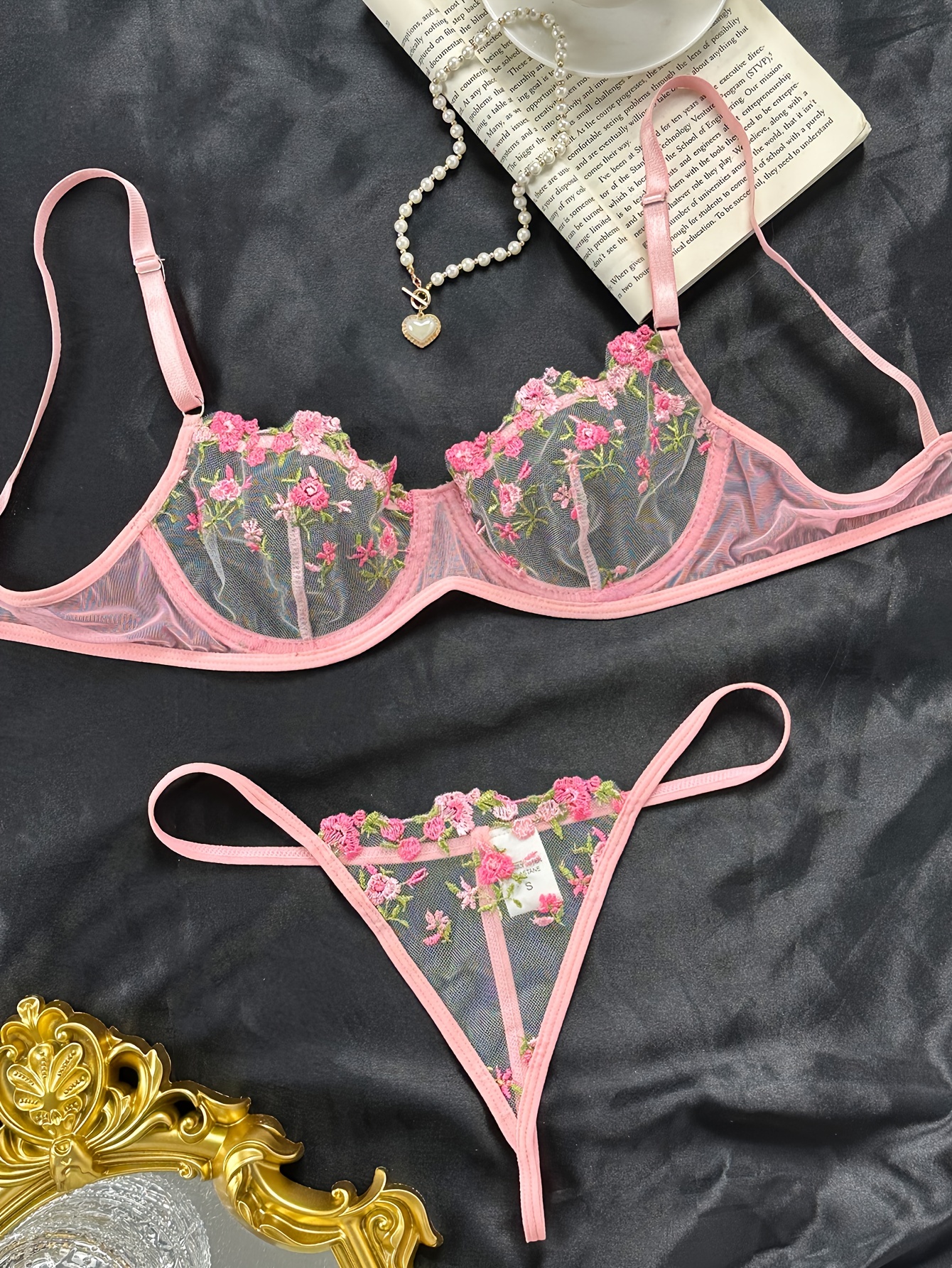 Floral Embroidery Sheer Lace Underwire Garter Lingerie Set - Pink –  Luxedress
