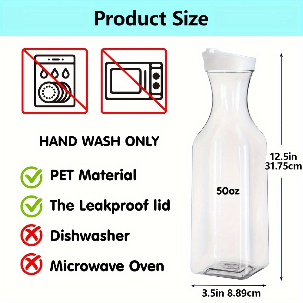 4 Pack Large 50 Oz Water Carafe with Flip Top Lid, Square Base