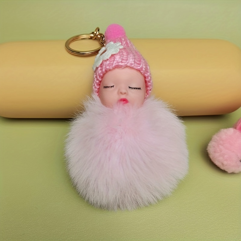 3color Cute Sleeping Baby Doll Cartoon Jewelry Keychain Pompom Fur Ball Key  Chains Car Keyring Women Key Holder Bag Pendant Charm Accessories