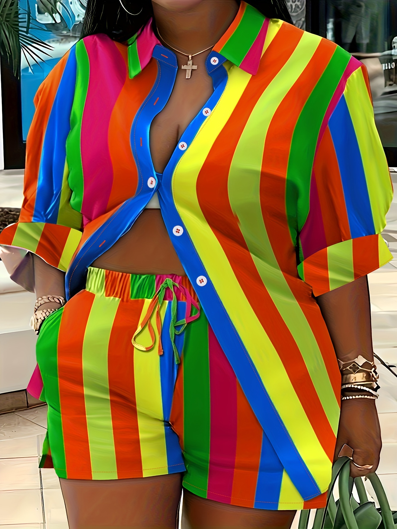 Plus Size Casual Outfits Set Women's Plus Colorblock Stripe - Temu