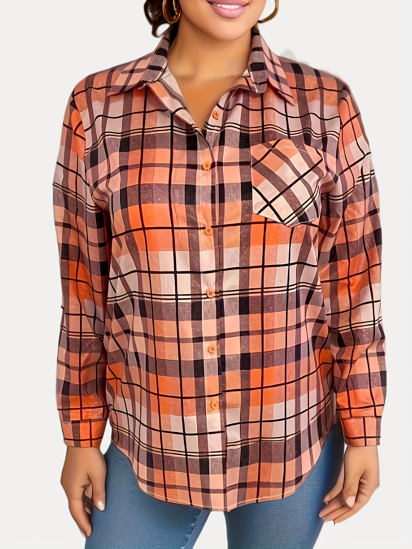 Women's Plus Size Orange Plaid Long Sleeve Shirt