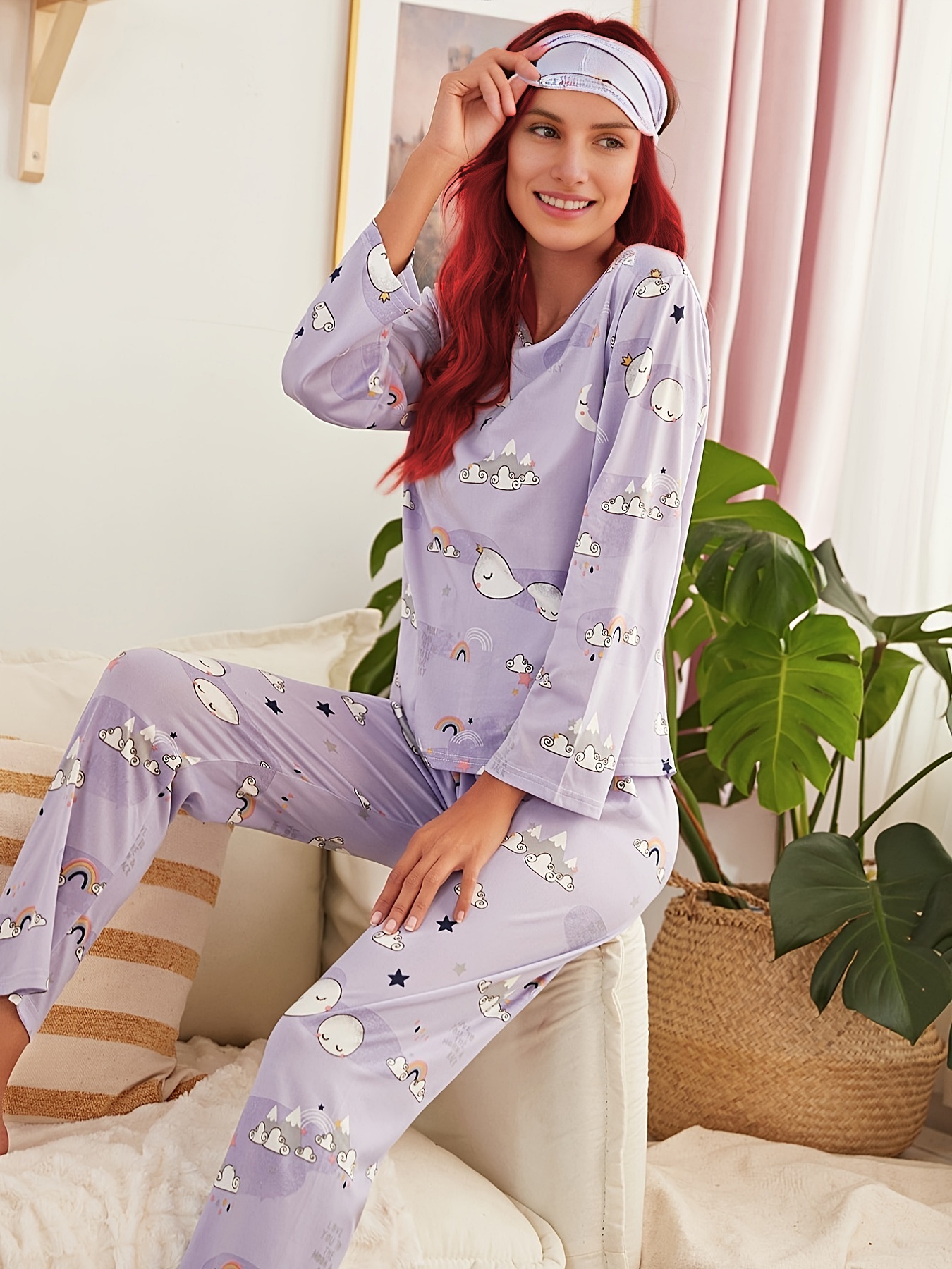 Cartoon Print Pajamas Set Long Sleeve Crew Neck Top Lounge - Temu