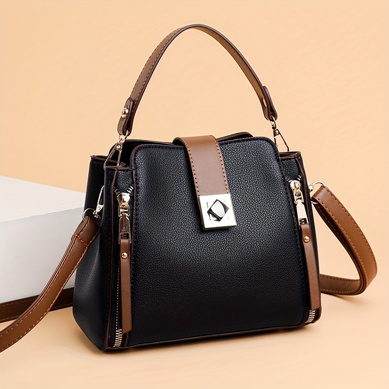

Small Color Contrast Handbag, Buckle Decor Crossbody Bag, Retro Printed Pu Leather Purse For Women