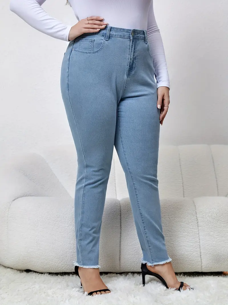 plus size basic jeans womens plus solid raw trim button fly high rise high stretch skinny jeans details 3
