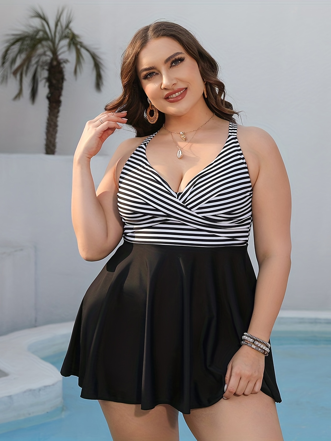 Plus Size Casual Tankini Set, Women's Plus Colorful Stripe Print Scoop Neck  Cami Top & Shorts Swimsuit Two Piece Set