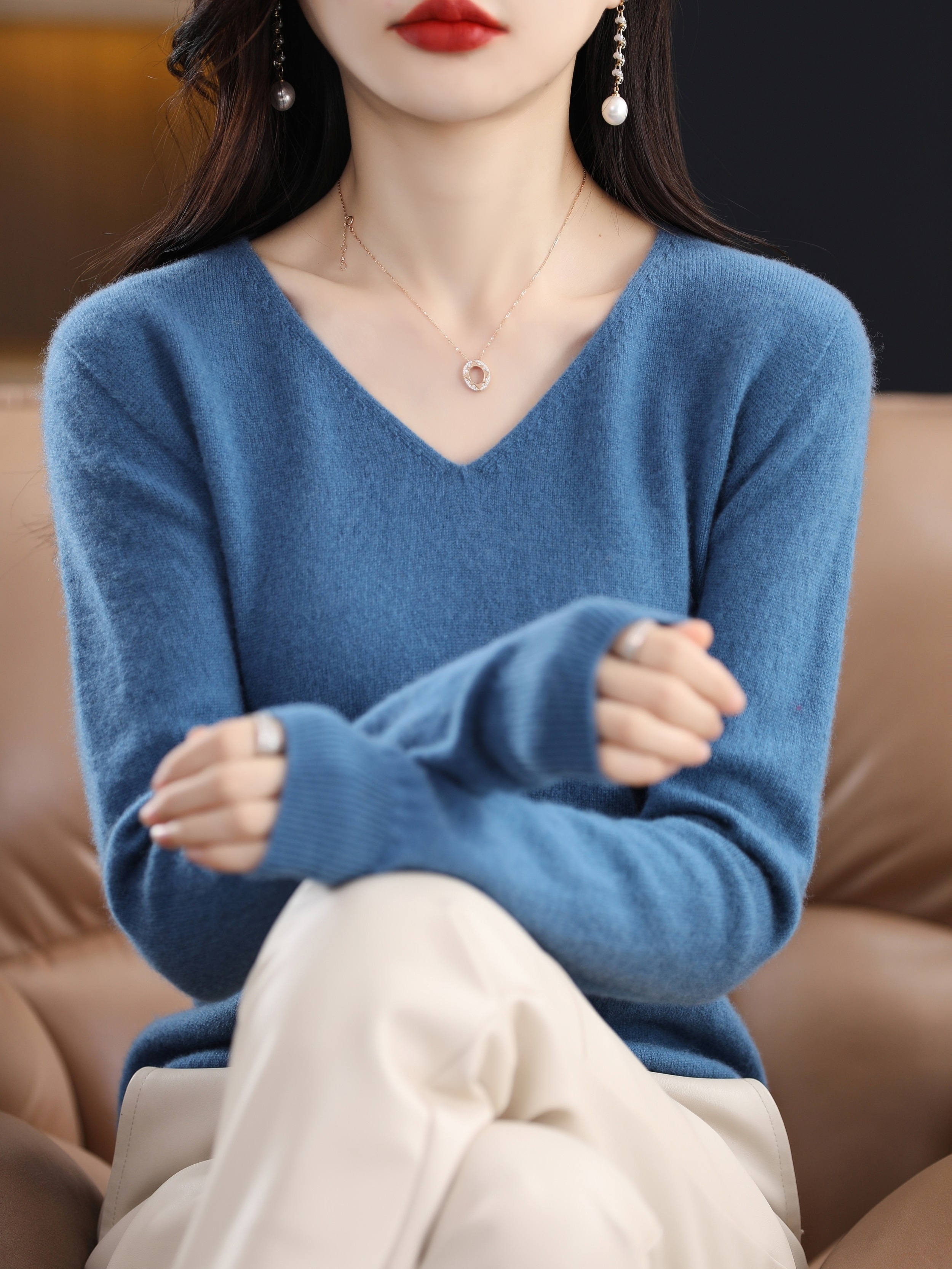 Solid Simple Knit Wool Sweater Elegant V Neck Long Sleeve - Temu