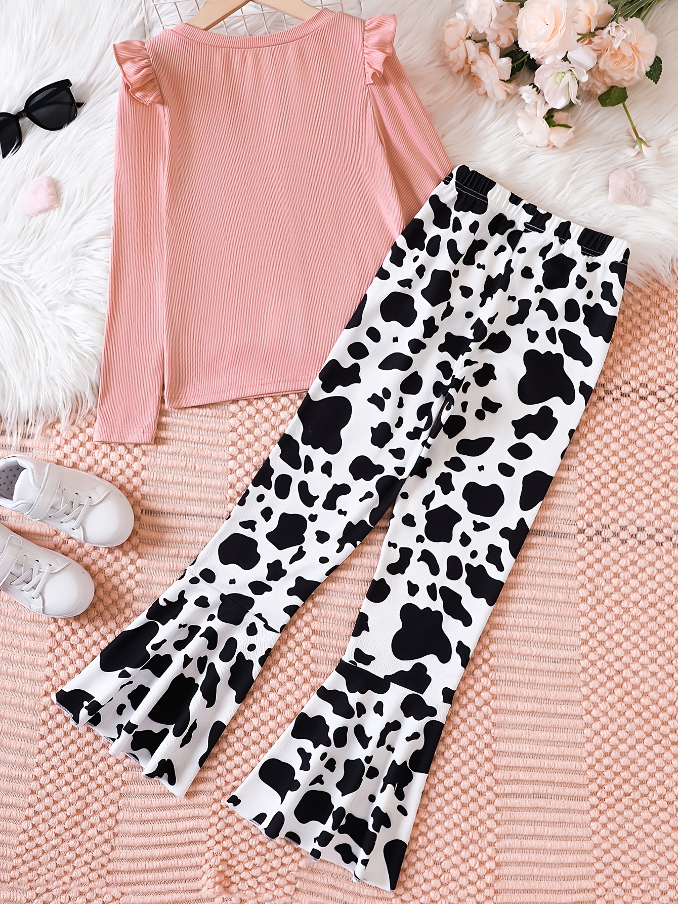 Love Cow Graphic Pullover + Cow Print Flare Pants Set Girls - Temu