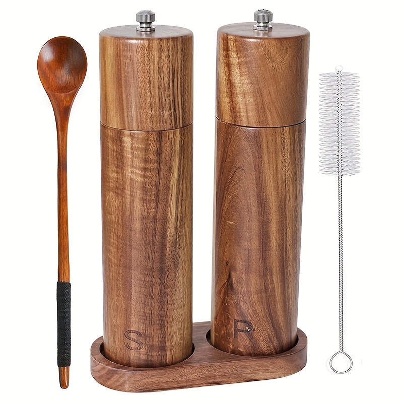 Salt and Pepper Grinder Set with Wood Tray, Manual Sea Salt, Spice and  Peppercor