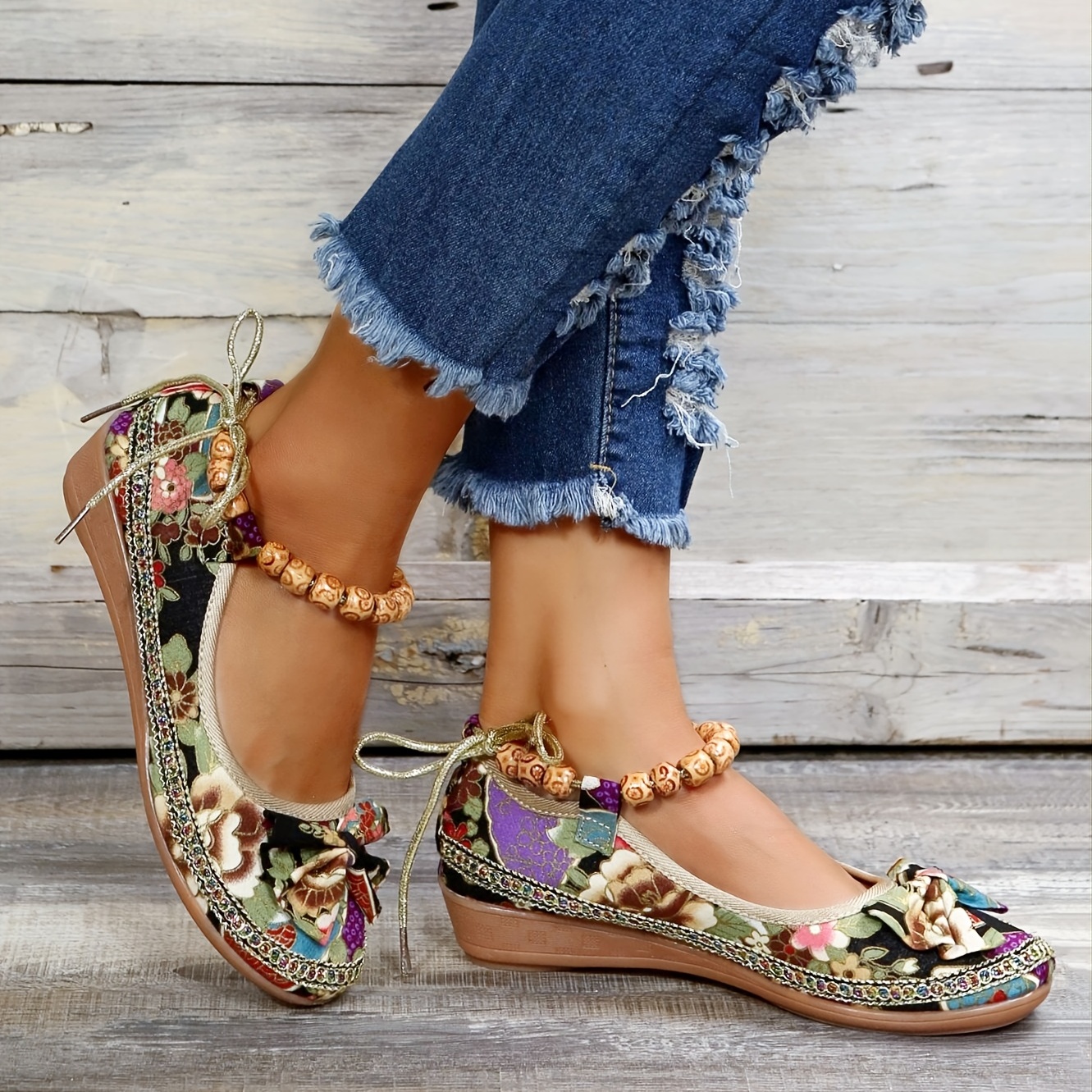 Floral Print Flat Shoes Women s Tribal Style Ankle Strap - Temu