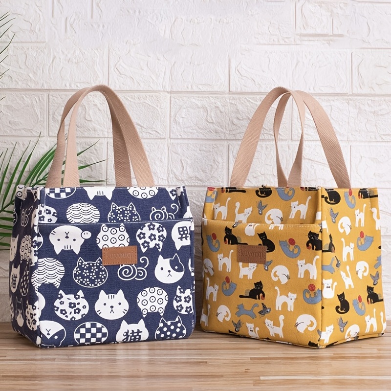 

Cute Cartoon Canvas Lunch Bag, Portable Insulated Thermal Bag, Casual Handbag & Cooler Bento Bag For Picnic Travel Office