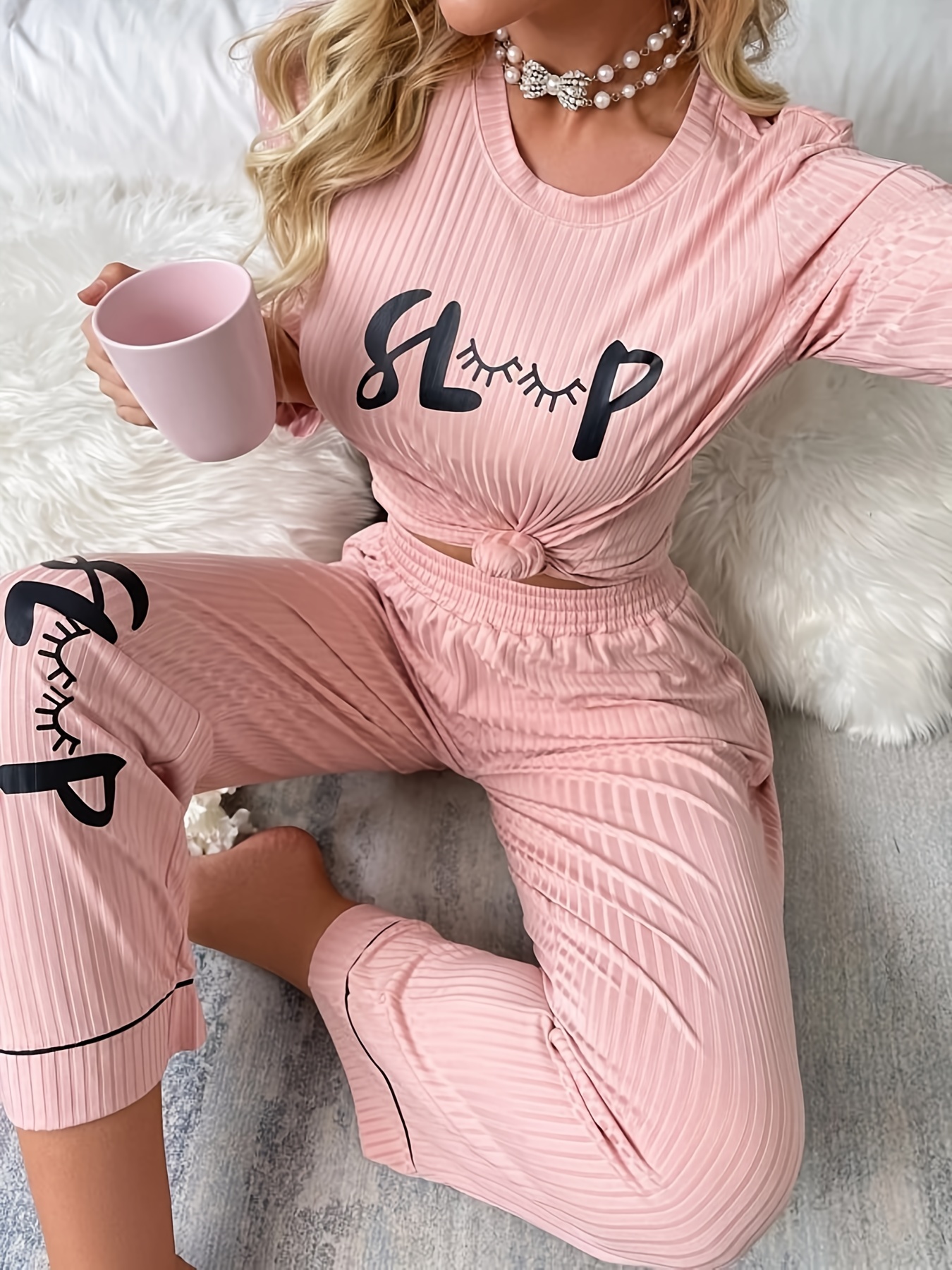 Eyelash Letter Print Loose Comfy Sleep Set Long Sleeve - Temu