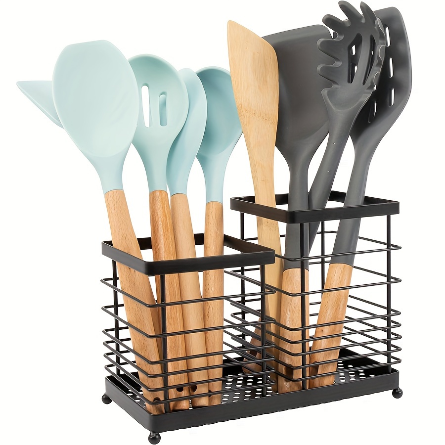 Soporte para utensilios de cocina, organizador de utensilios de cocina con  asa, soporte de utensilios de madera para encimera y opción para colgar