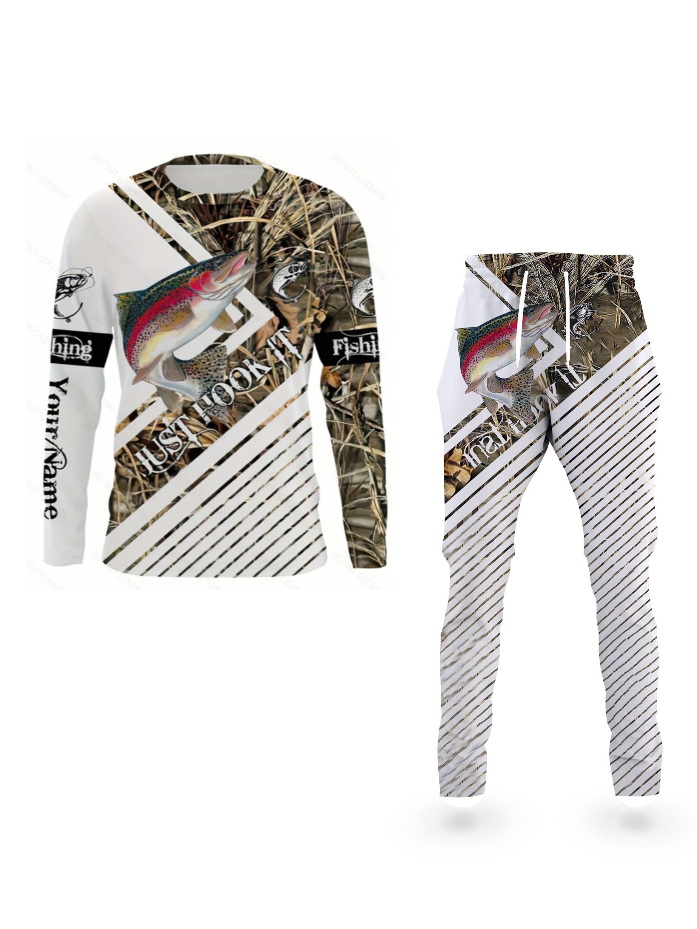 Cartoon Fish Print Long Sleeve Fishing Shirts & Pants For Men, 2pieces  Novelty Pjs Tops Pullovers Tops & Trousers Set, Men's Trendy Clothing