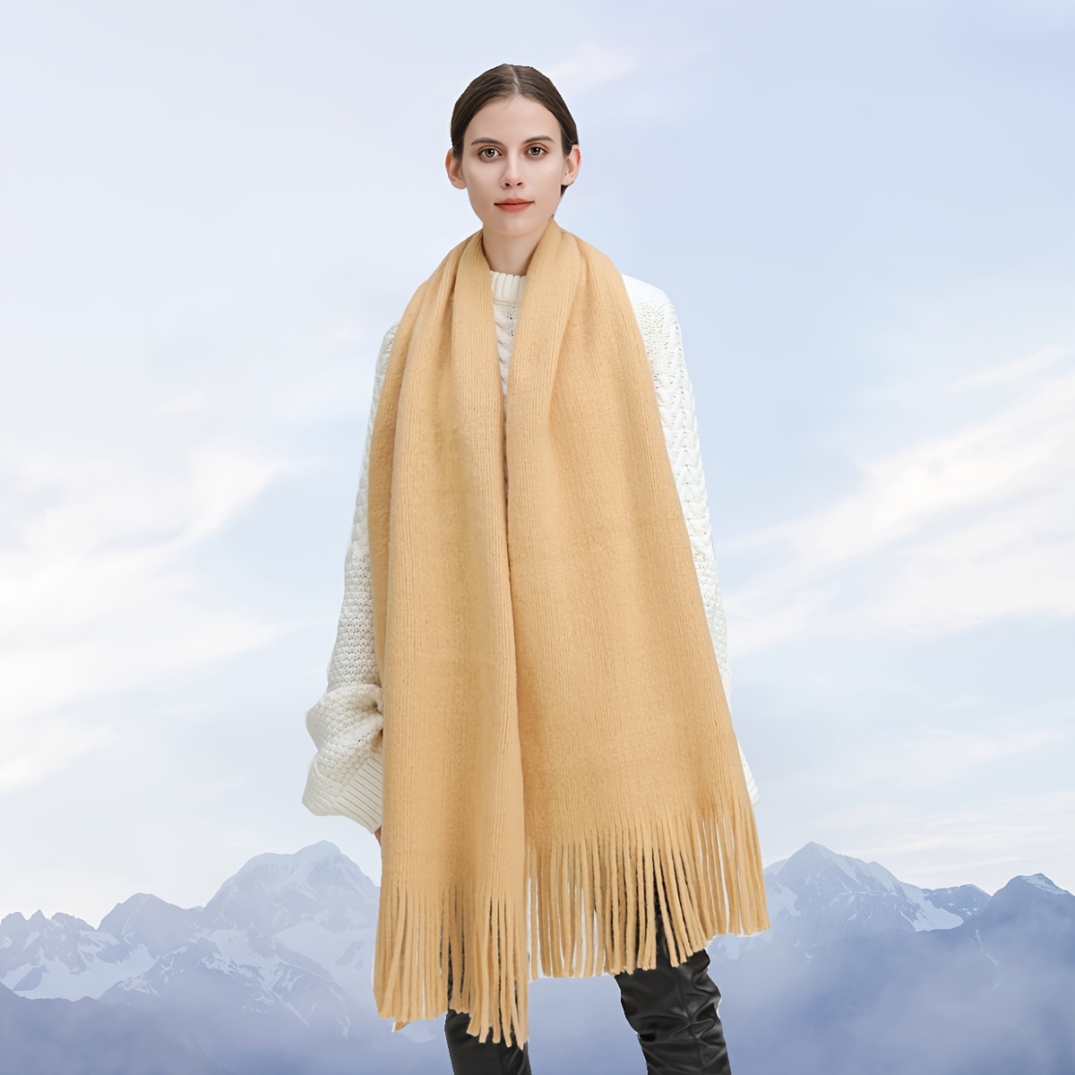 Solid Color Chunky Scarf On Fringe Elegant Coldproof Thick Warm Shawl  Classic Knit Neck Scarves For Women Girls Autumn & Winter