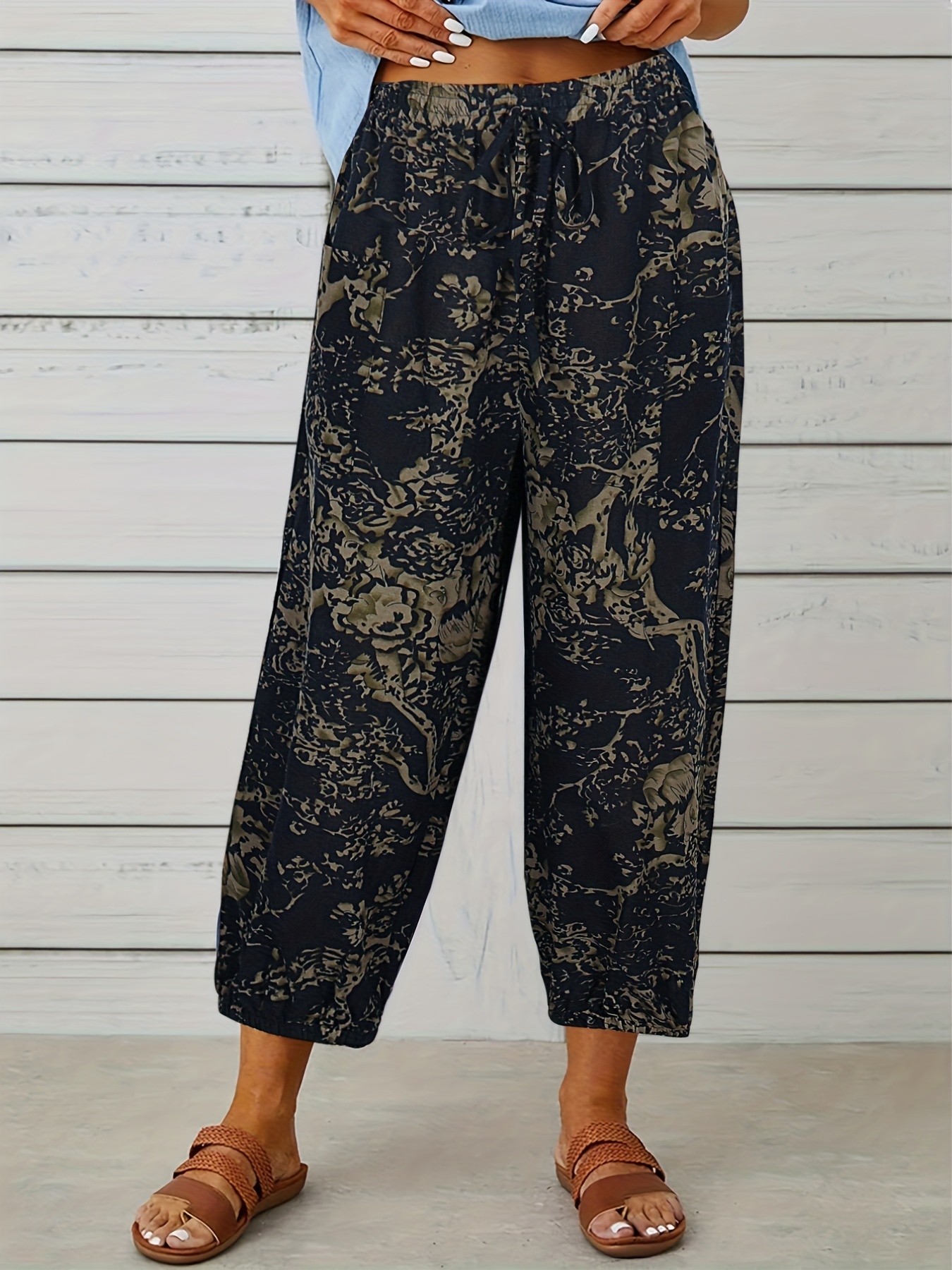 Plus Size Casual Pants Women's Plus Floral Print Elastic - Temu