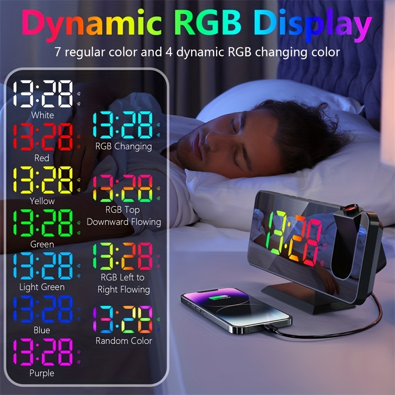 Reloj despertador de proyección, reloj digital con proyector giratorio de  180°, puerto de carga USB, regulable, repetición, memoria de apagado