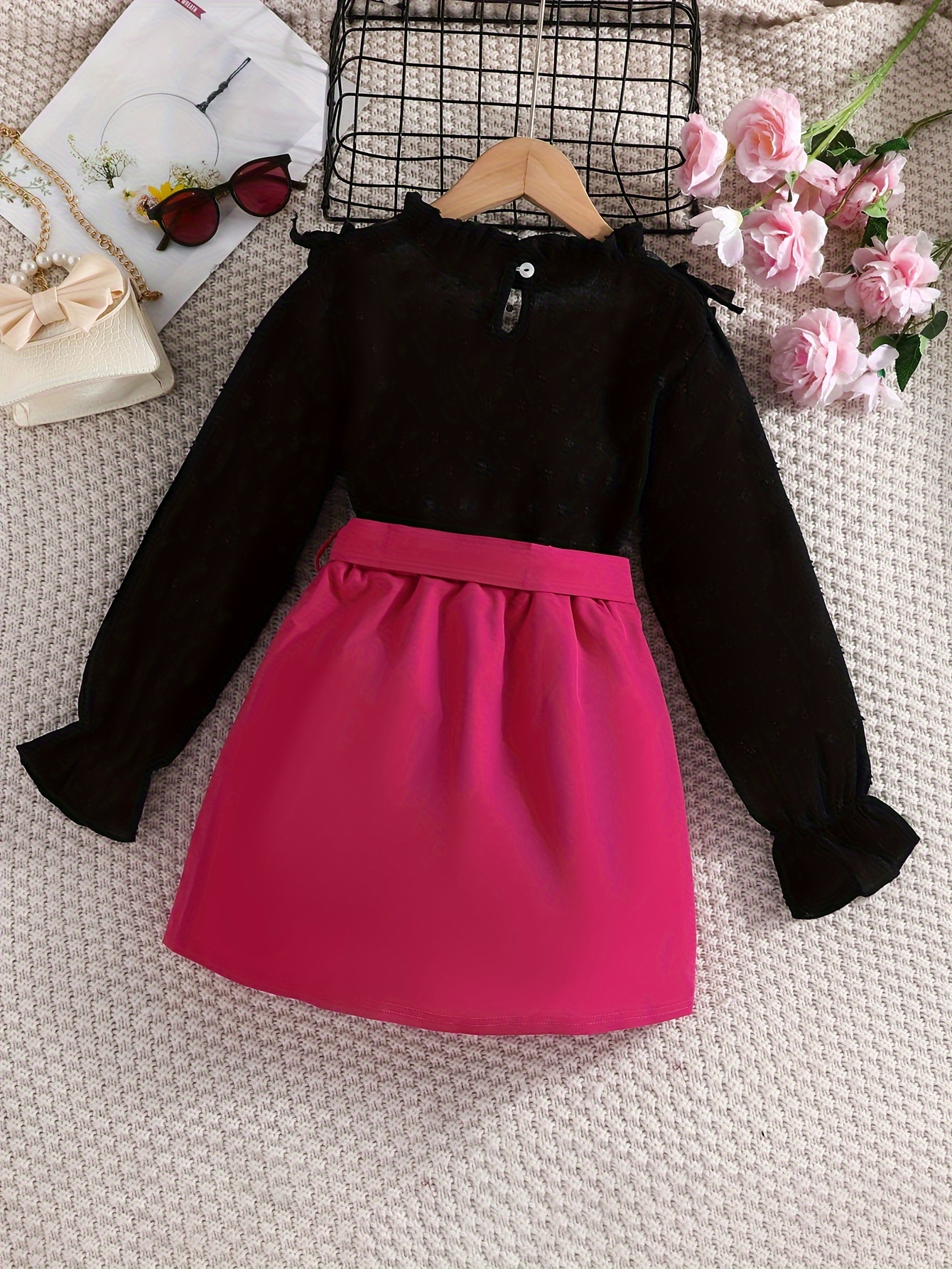 Happy Gold Velvet Lace Trim Girls Skirt Set