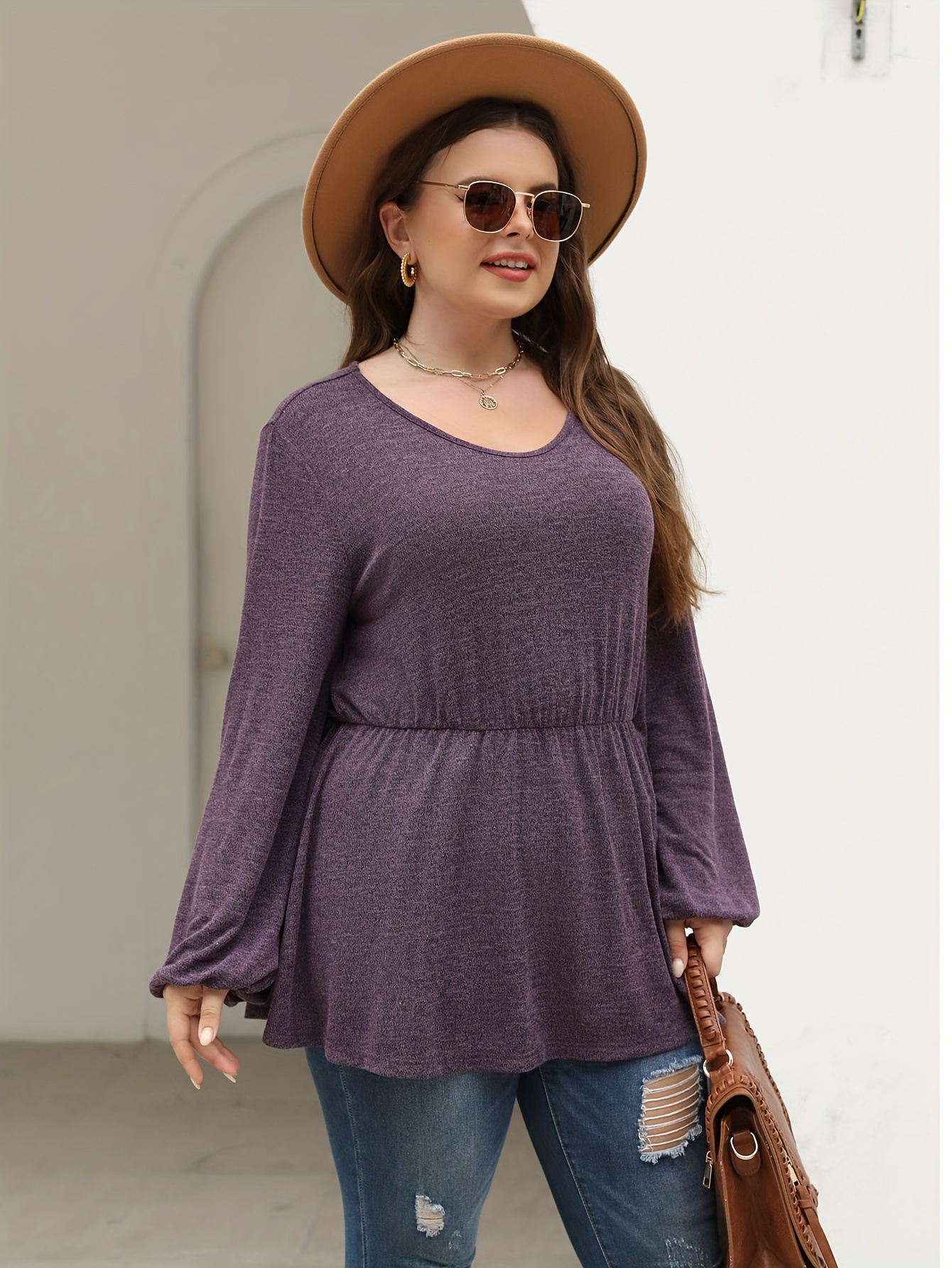 Plus Size Casual Top Women's Plus Solid Long Sleeve Round - Temu Canada