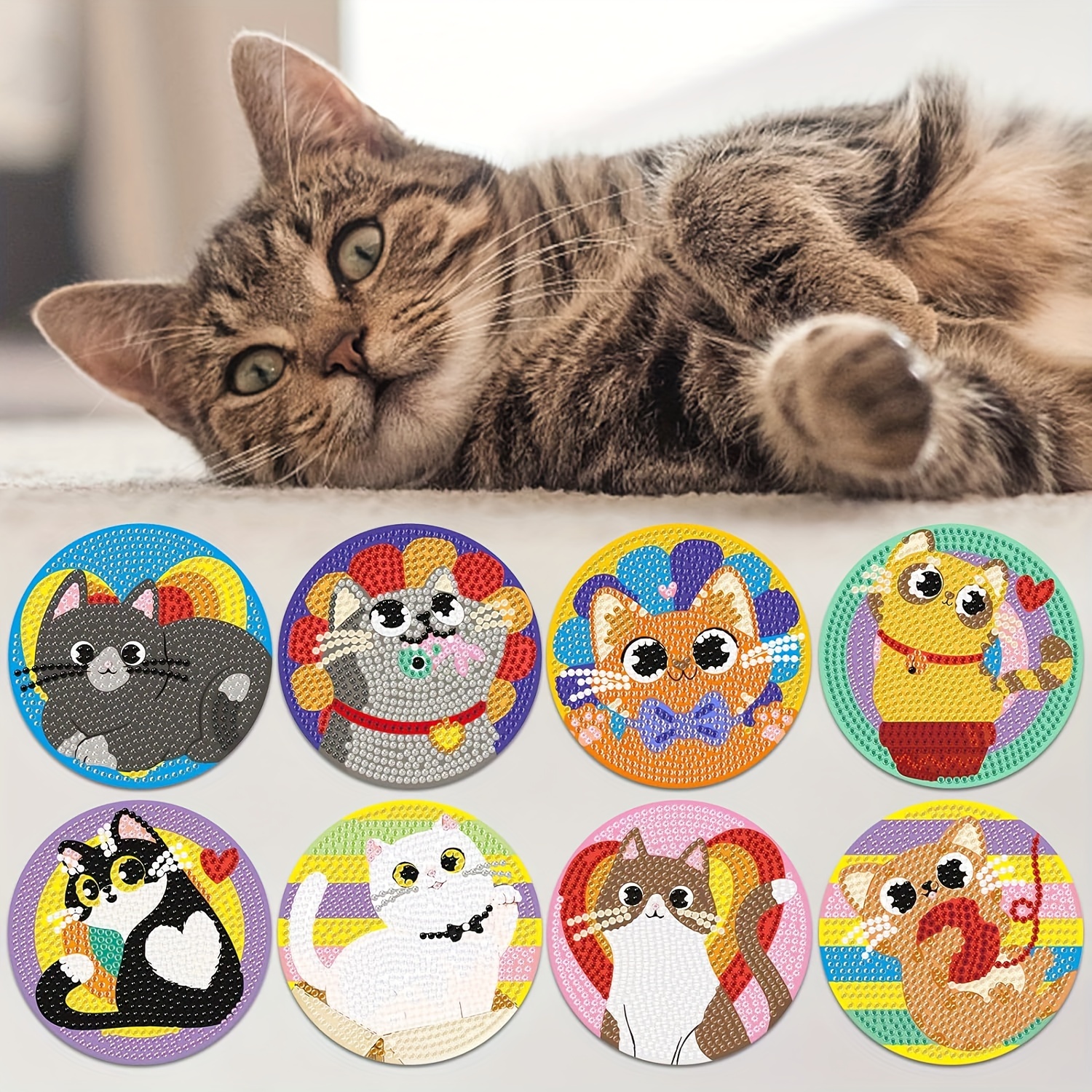 8pcs Cat Diamond Painting Coasters Kit DIY Round Diamond Shaped Cat With  Holder