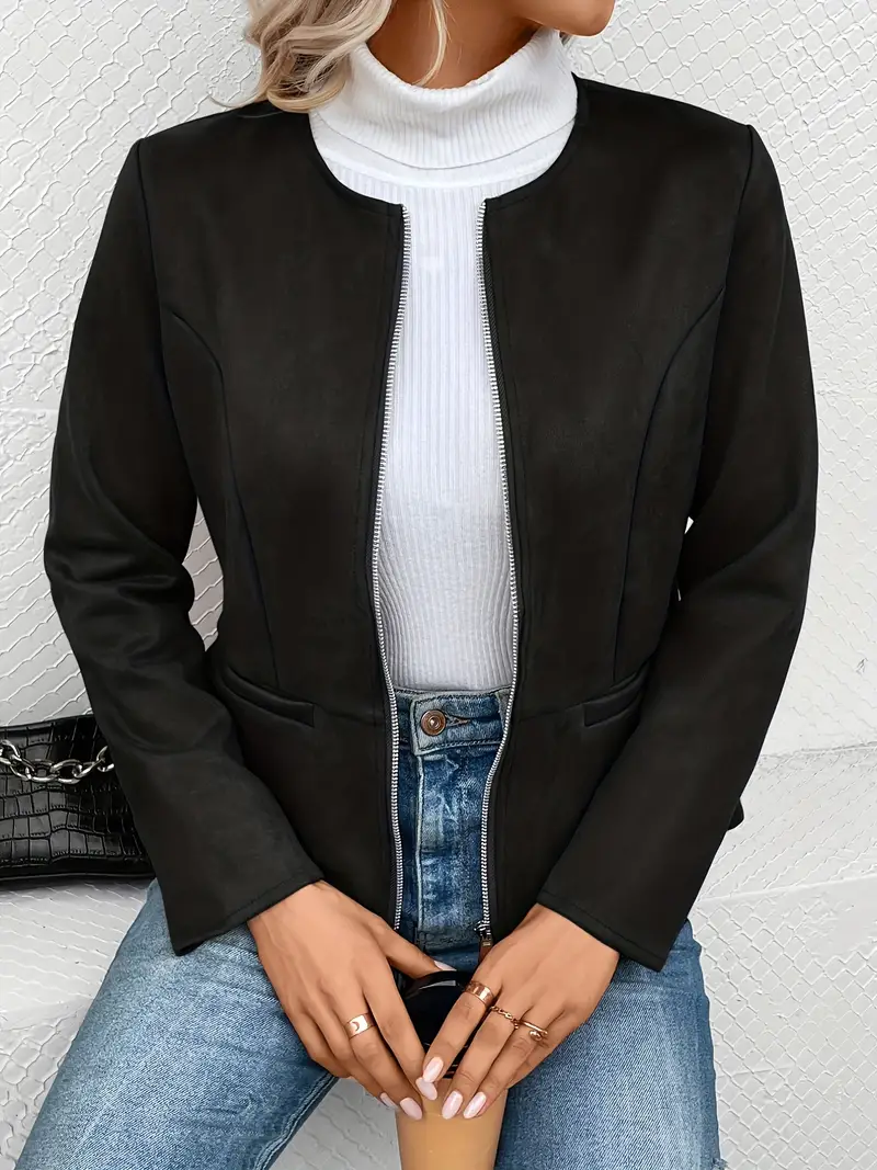plus size elegant jacket womens plus solid long sleeve zip up round neck jacket details 63