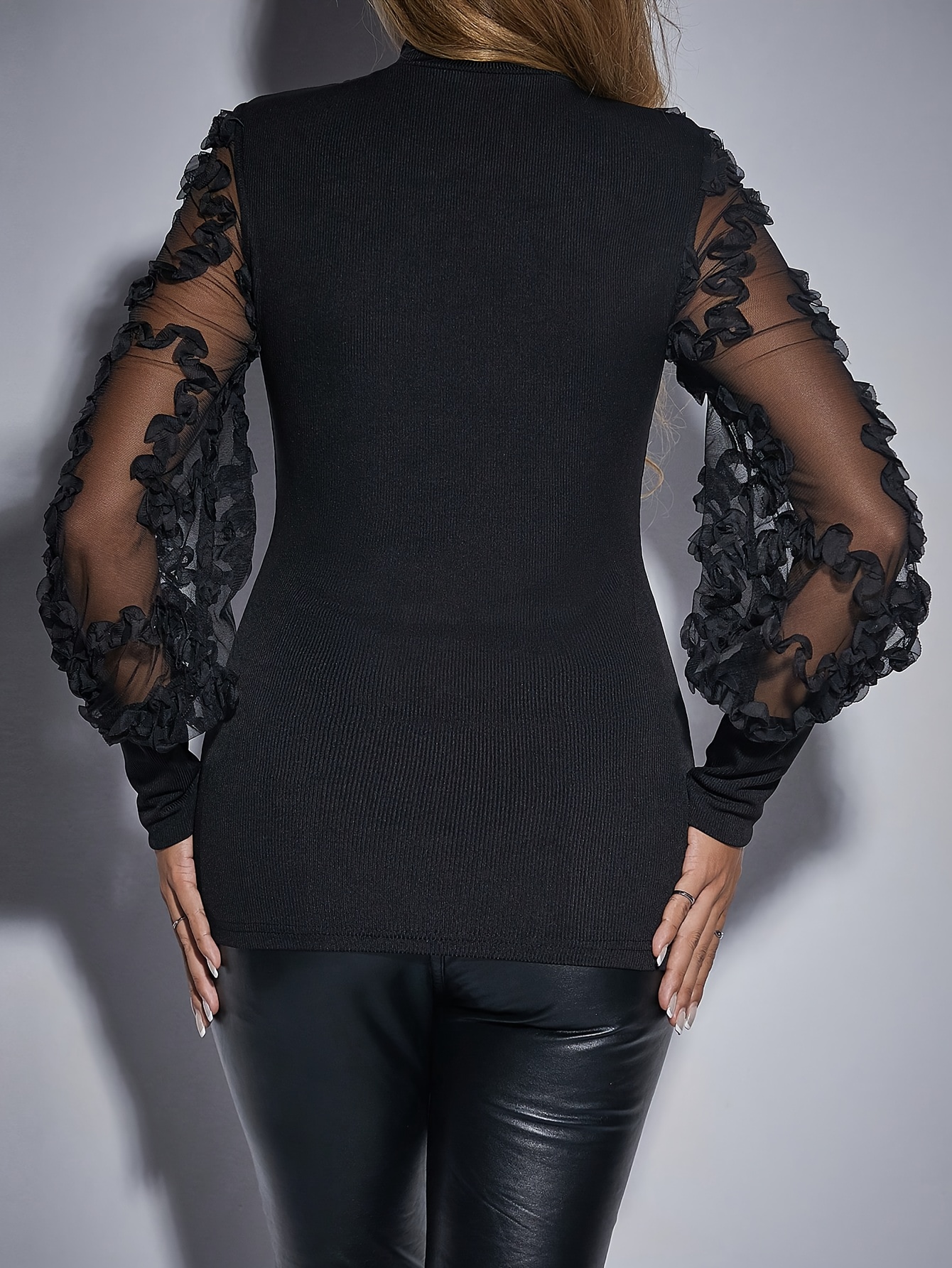 ruffle mesh panel mock neck top stylish long sleeve semi Temu