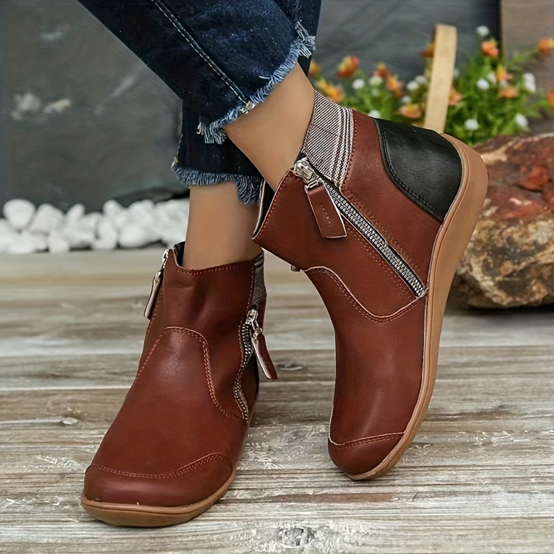 Women's Flat Ankle Boots, Solid Color Round Toe Faux Leather Shoes, Casual  Soft Sole Shoes - Temu