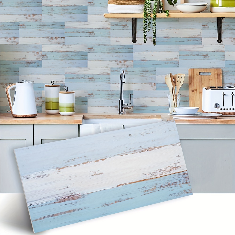 

4/12pcs Pvc Thickened Ceramic Tile Sticker, Retro Light Blue Wood Grain Ceramic Tile Sticker Removable Waterproof Kitchen Home Decoration Self-adhesive Wall Sticker, 11.81in*5.91in