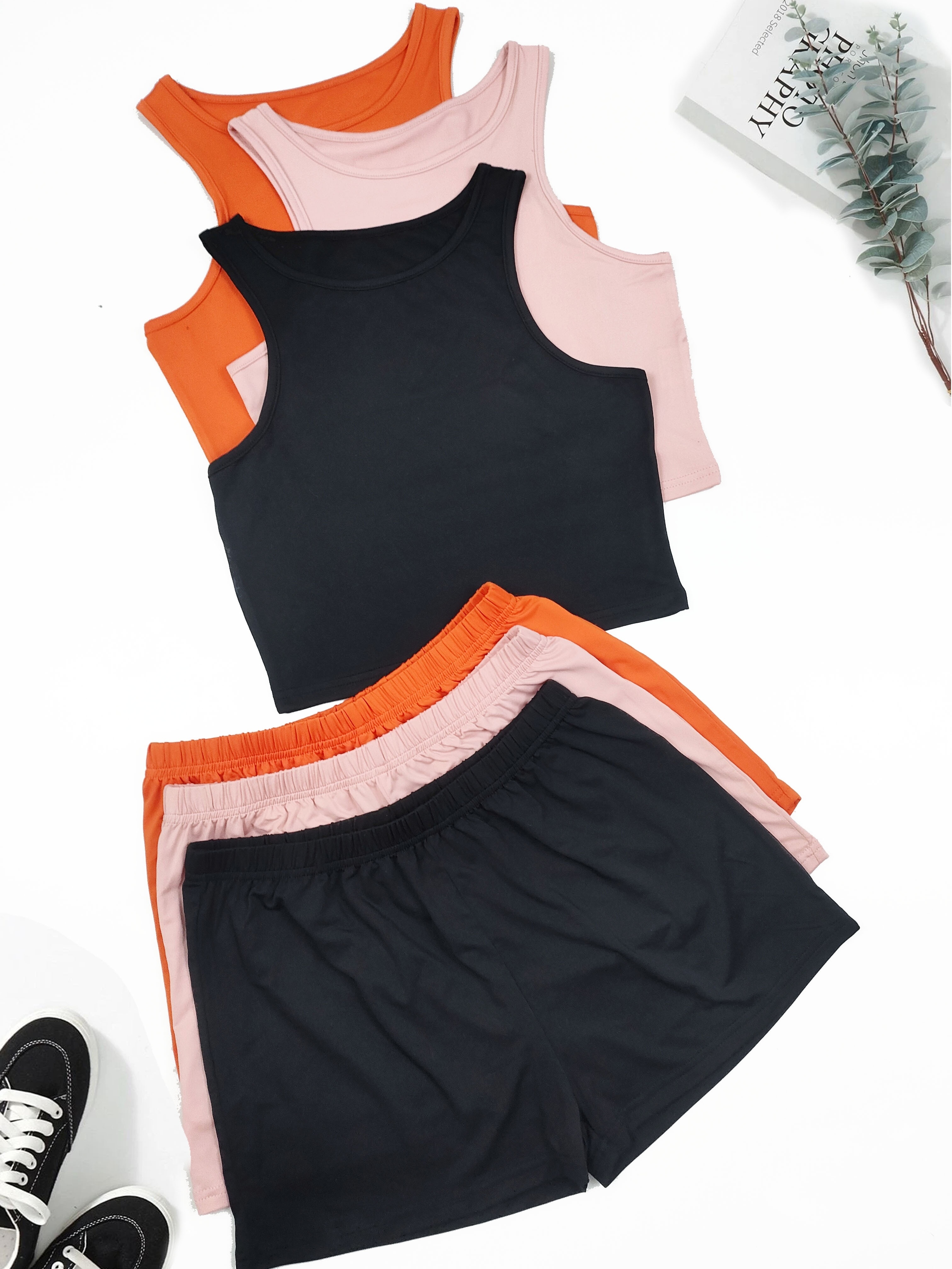 Simple Solid Pajamas Set Sleeveless Tank Top Shorts Pj Set - Temu