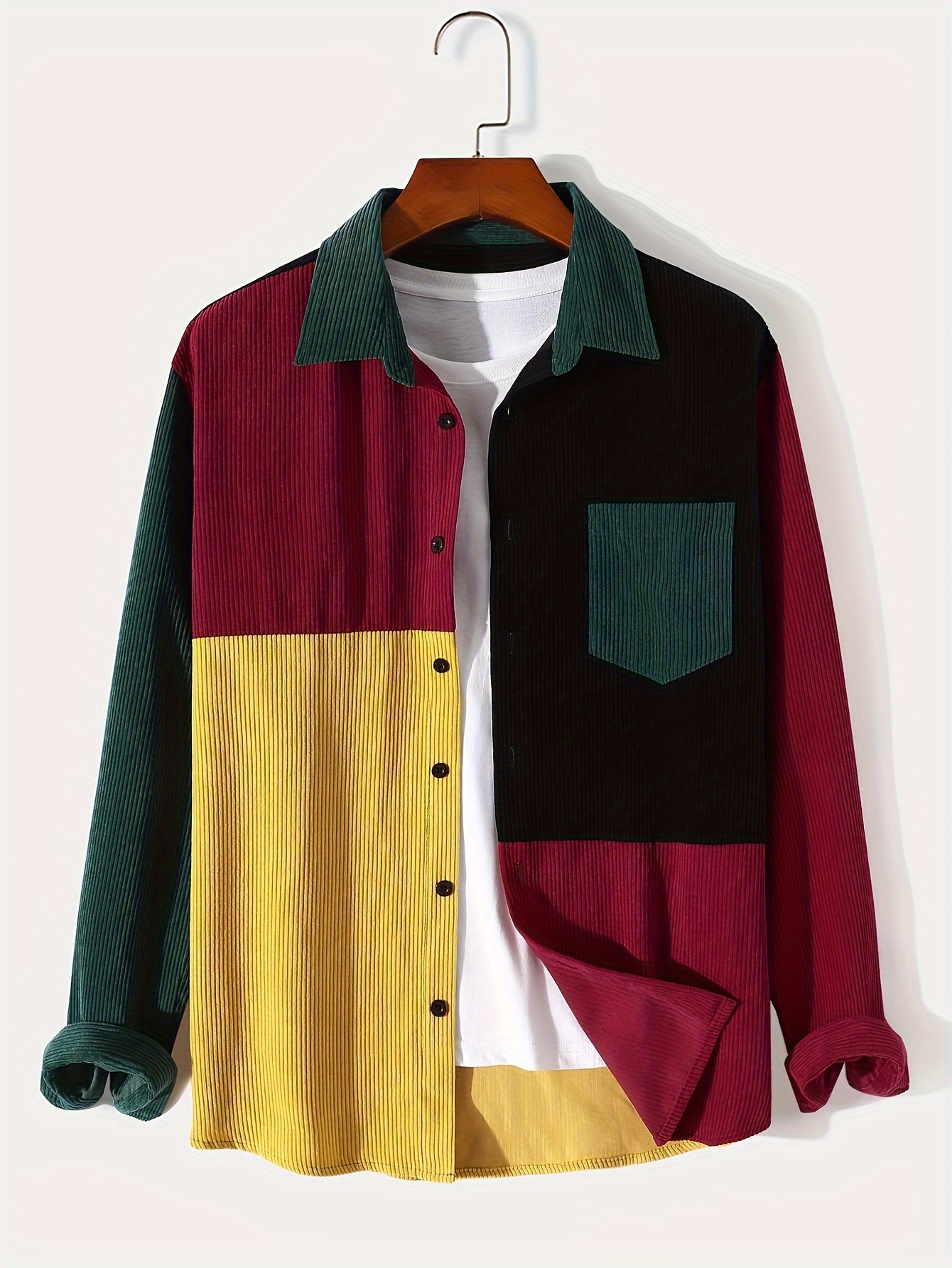 Color Block Corduroy Shirt Long Sleeve Button Casual Top - Temu