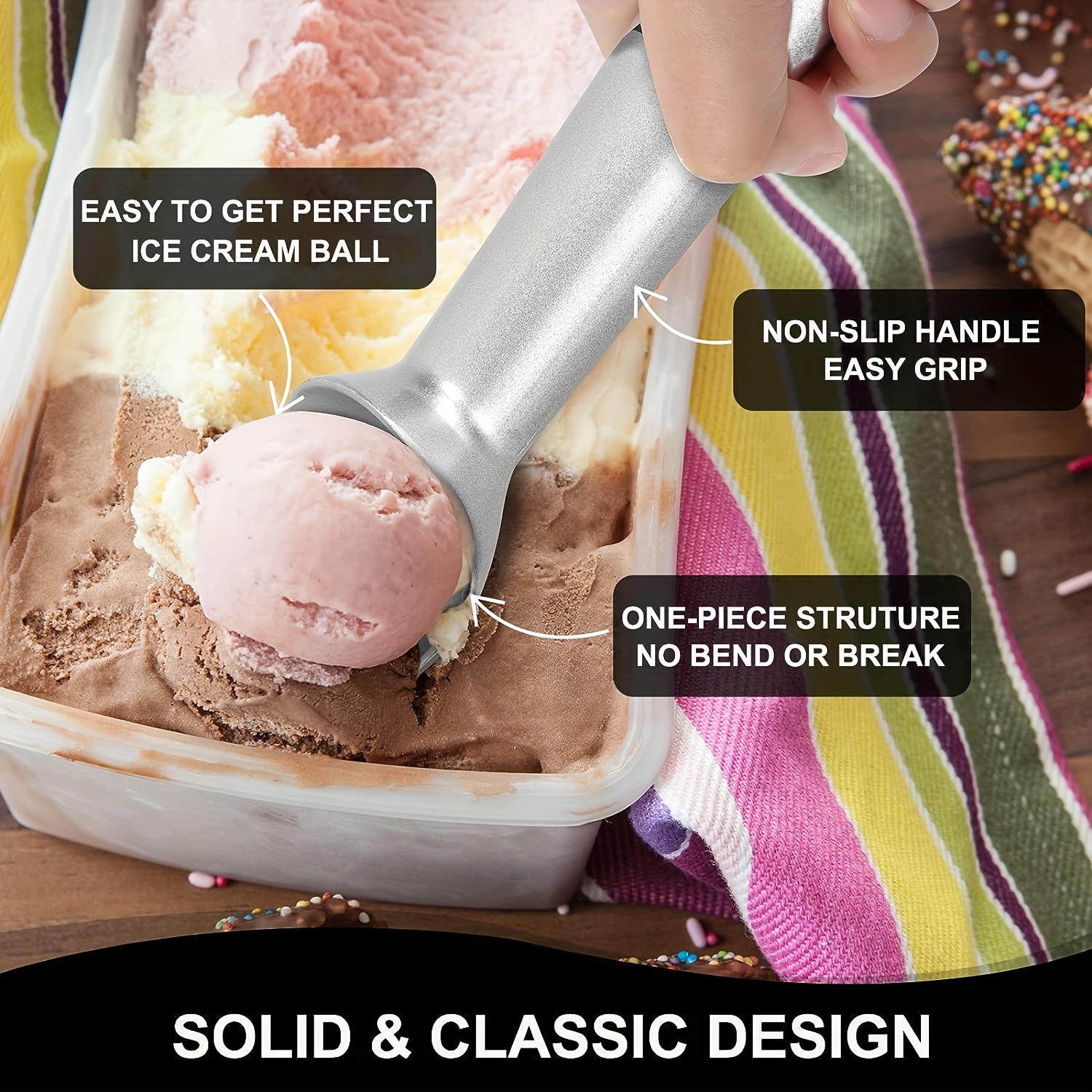 Ice Cream Scoop,7 inches Nonstick Anti-Freeze One Piece Aluminum Scooper  Spoon, Heavy Duty Durable Design, Easy Clean, for Gelato, Cookie Dough