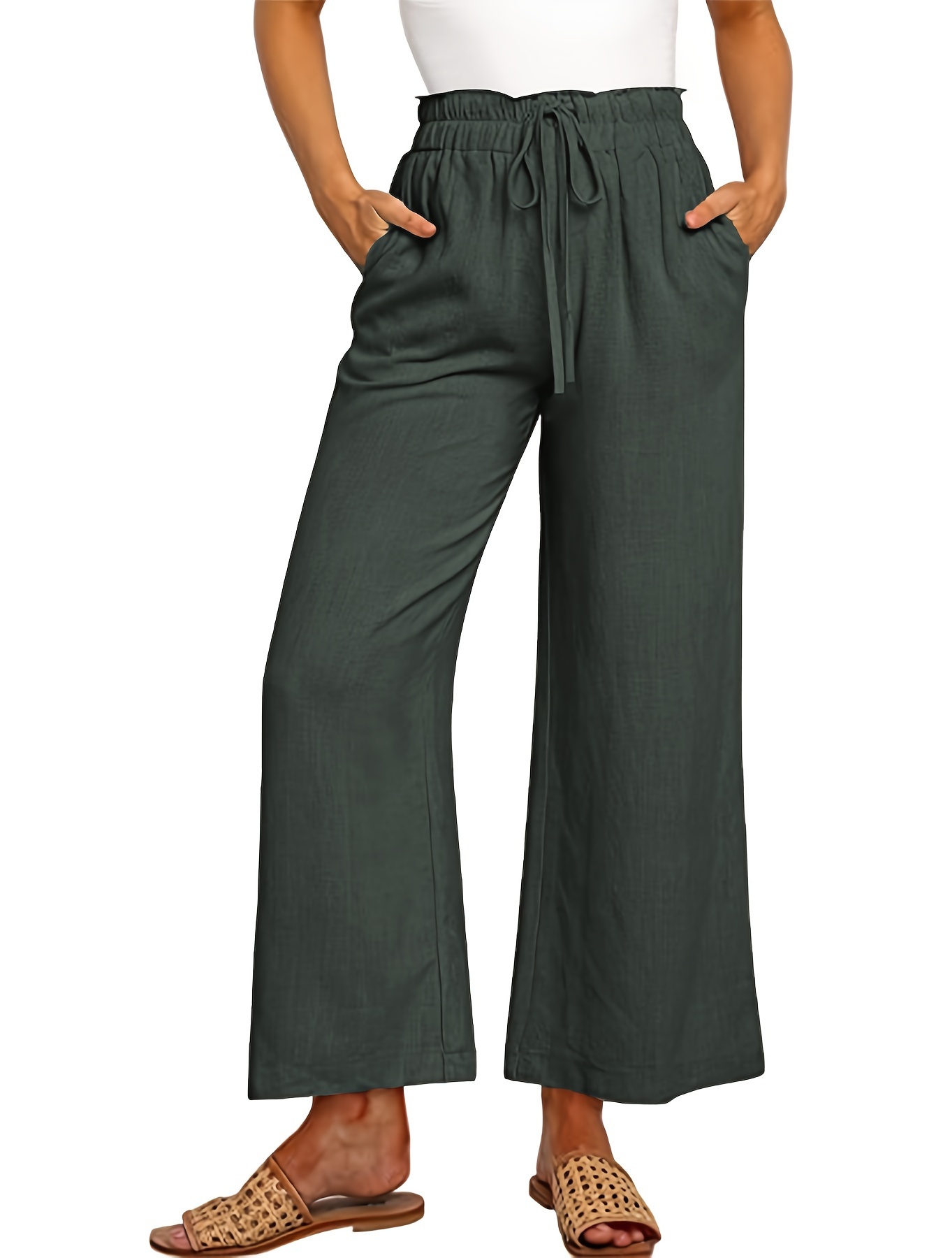 Wide Legged Linen Trousers With Belt and Pockets, High Waisted