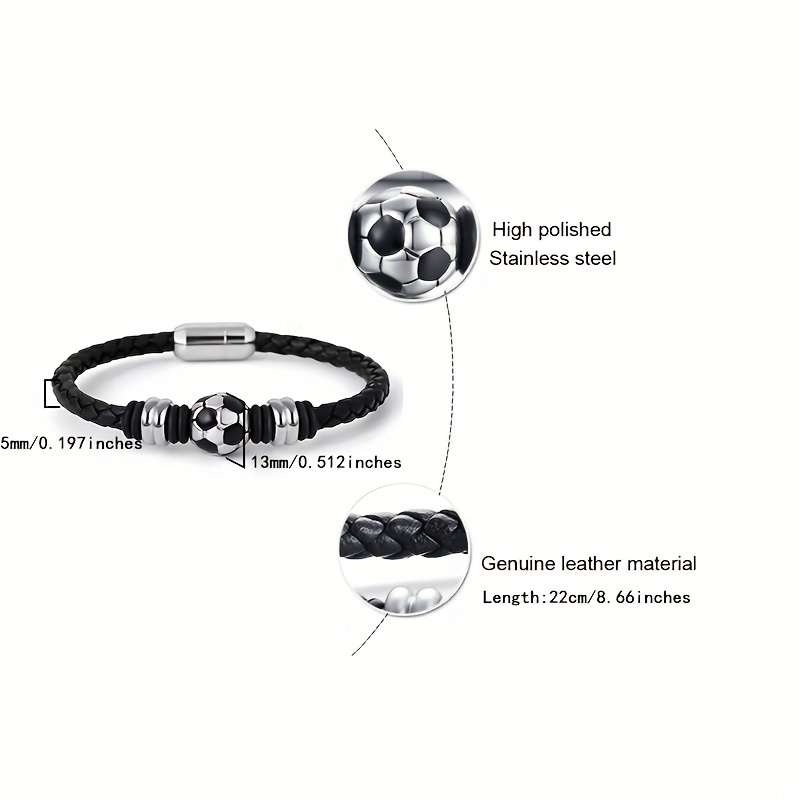 Funky Beaded Football Charm Leather Bracelet, Men's Adjustable Braided  Soccer Bracelet