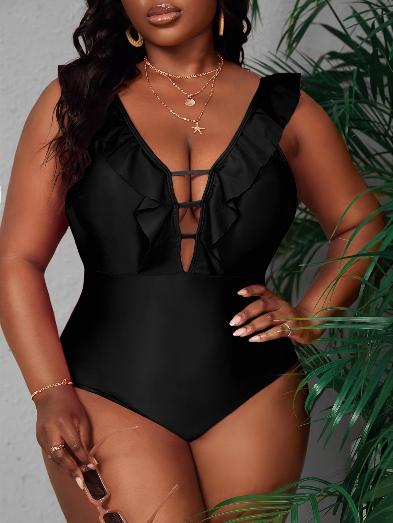 Plus Size Sexy Swimsuit Women's Plus Solid Deep V Neck - Temu