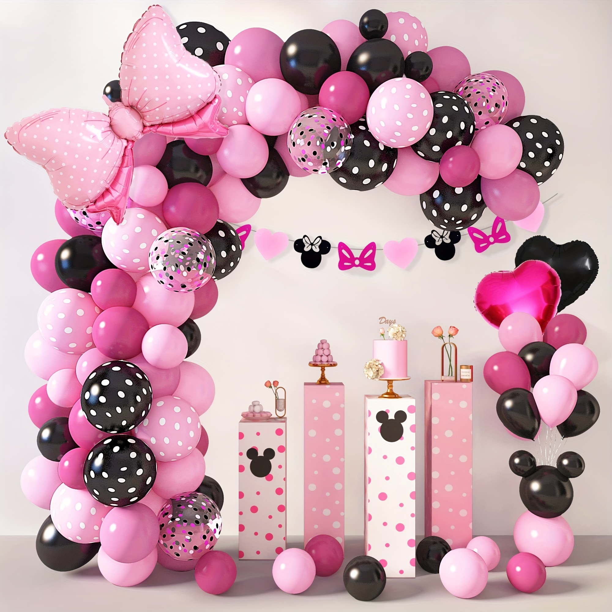 

113pcs, Mouse Balloon Garland Arch Kit For Cartoon Mouse Theme Birthday Party Decoration Girls, Pink Black Rose Red Bow Foil Balloon Banner, Shower Party Supplies