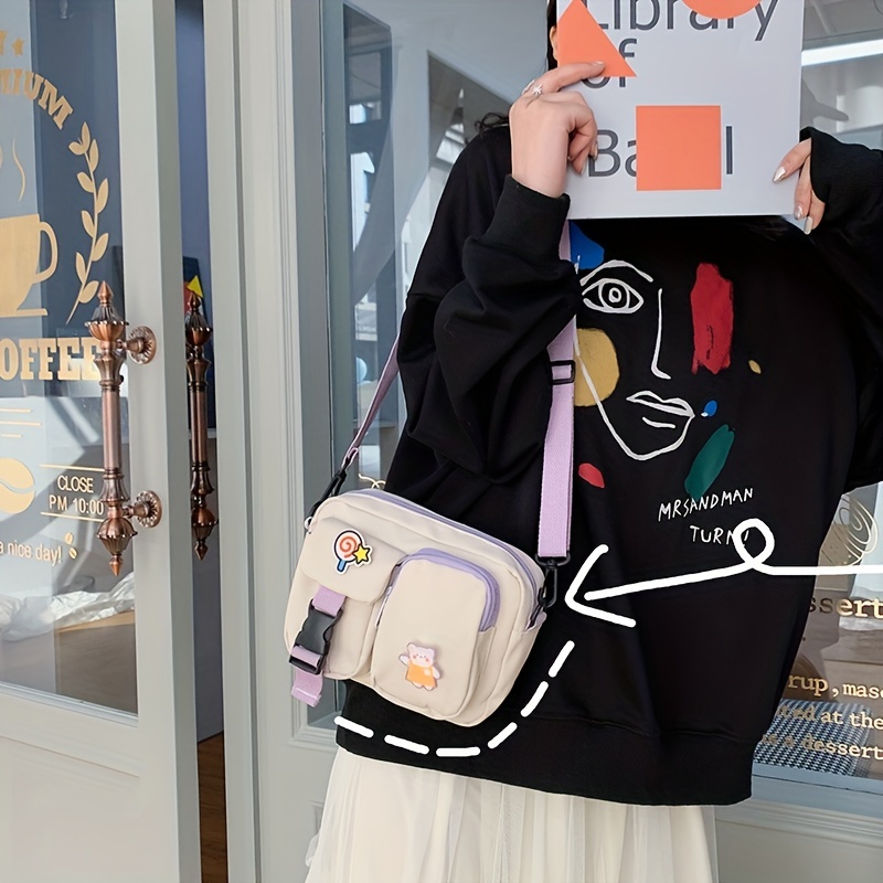 Kawaii Canvas Crossbody Bag, Small Cute Shoulder Bag, Multi Pocket