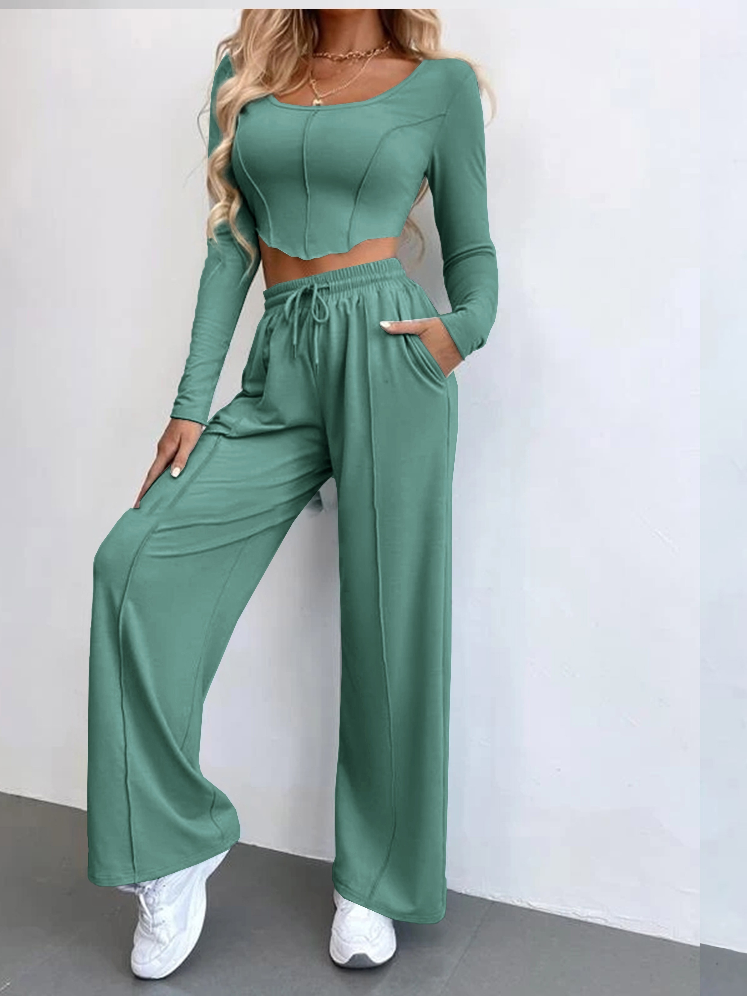 Solid Casual Two piece Set Cropped Long Sleeve Tops Wide Leg - Temu