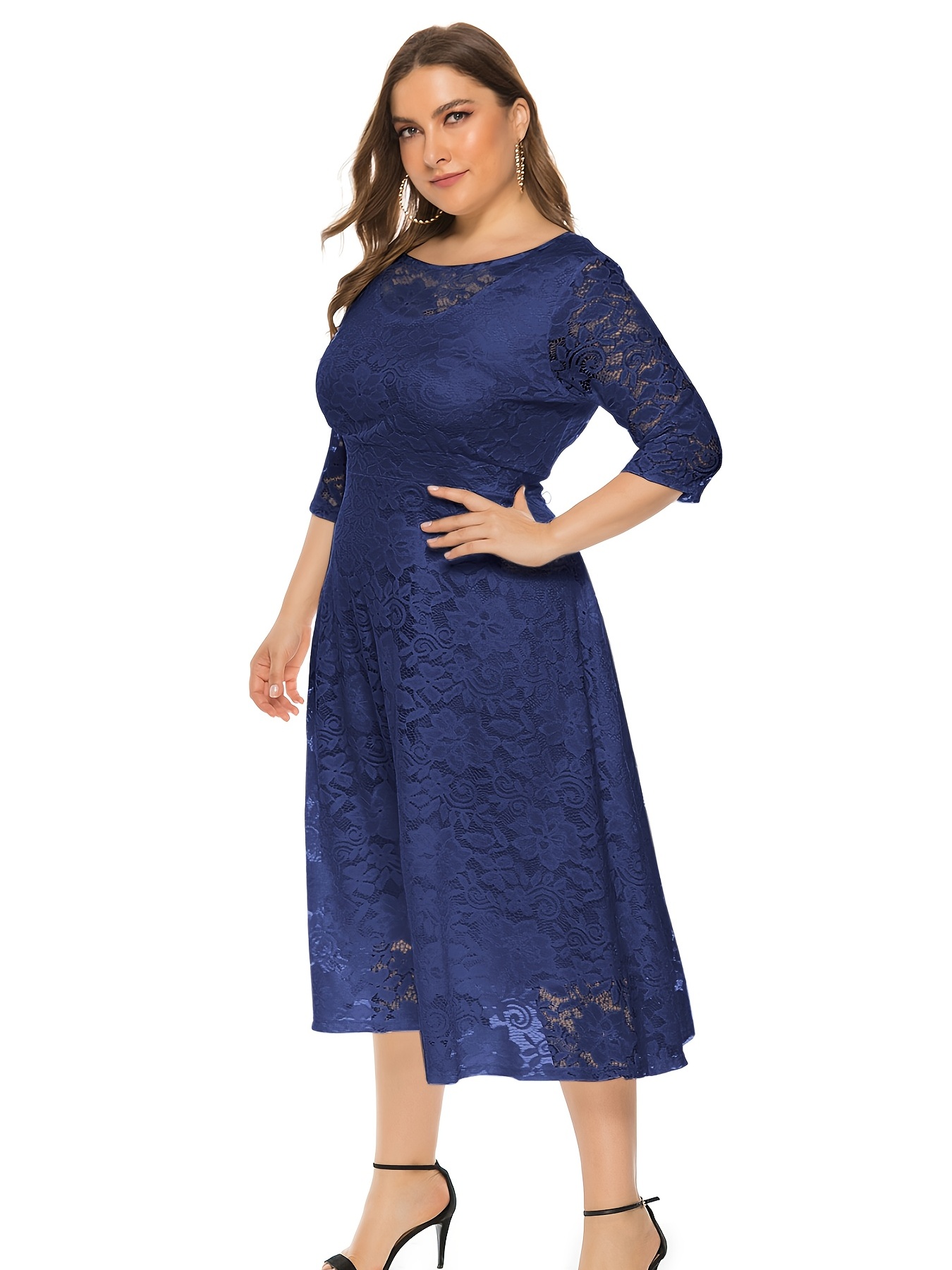 Dropship Plus Size Contrast Lace Half Sleeve Semi Sheer Midi Prom Dress;  Women's Plus Elegant Party Dress For Wedding to Sell Online at a Lower  Price