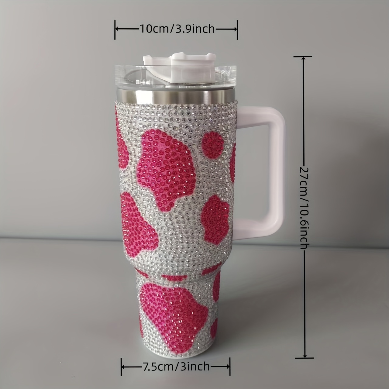 Pink 40oz Rhinestone Tumbler, Pink Cow Print