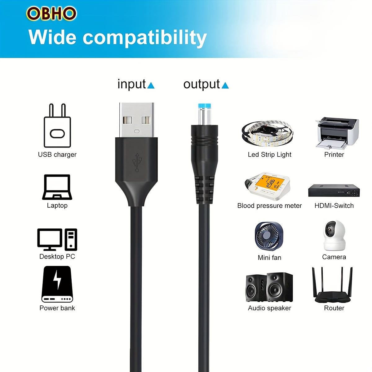 5V DC 5.5 2.1mm Jack Charging Cable Power Cord, USB to DC Power